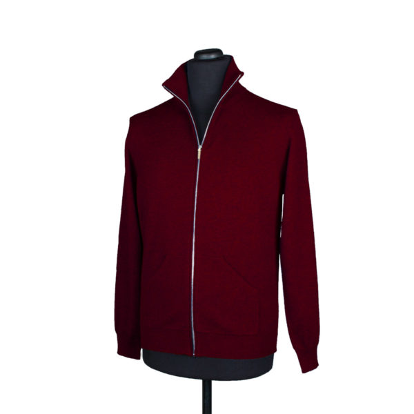 Mens zip up cashmere cardigan with pockets, burgundy