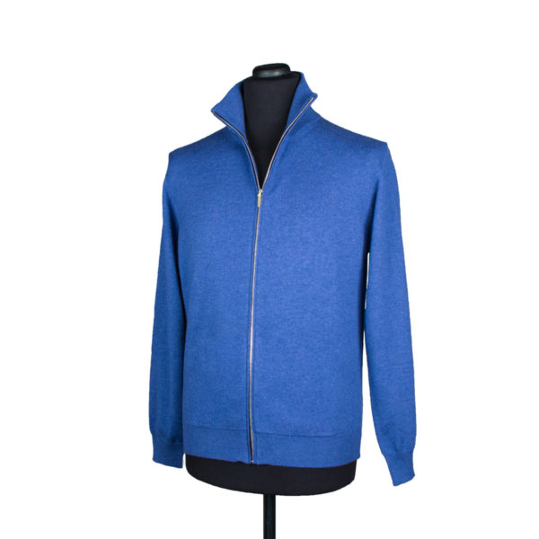 Mens zip up cashmere cardigan, true blue