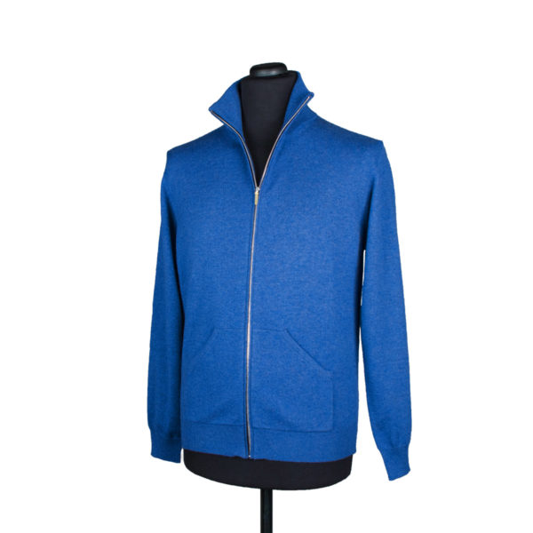 Mens zip up cashmere cardigan with pockets, true blue