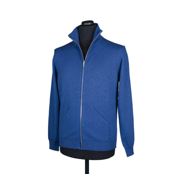 Mens zip up cashmere cardigan with pockets, Yale blue